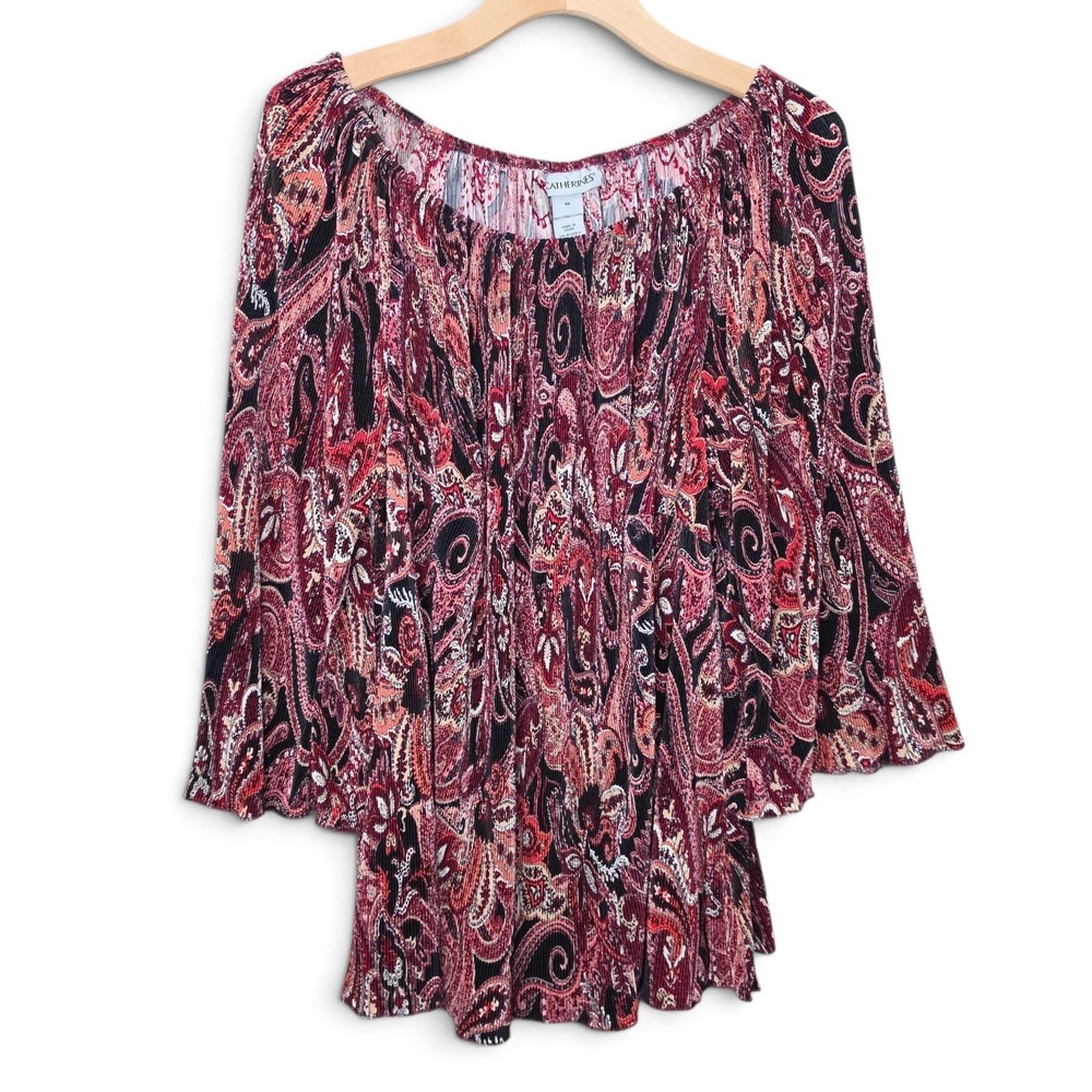 Catherines Blouse Womens 1X Multicolor Paisley Plisse Accordion Pleated Boho Top